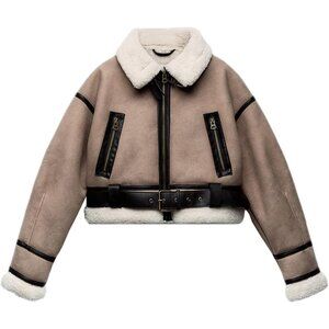 Women Faux Lamb Fur Leather Short Jacket Lapel Zipper Bomber Aviator Coat Khaki